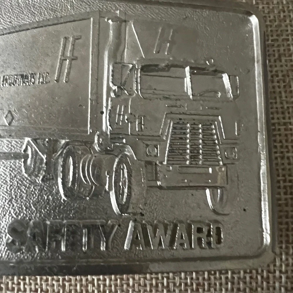 Vintage H-F Logistics Semi Truck 5 Year Safety Award Belt Buckle Silver Workwear